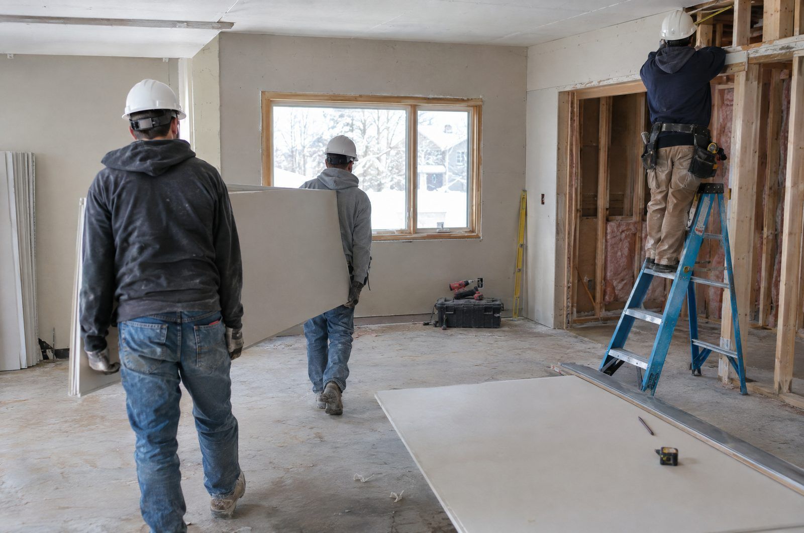 Contractor crew carrying drywall and working on a home renovation