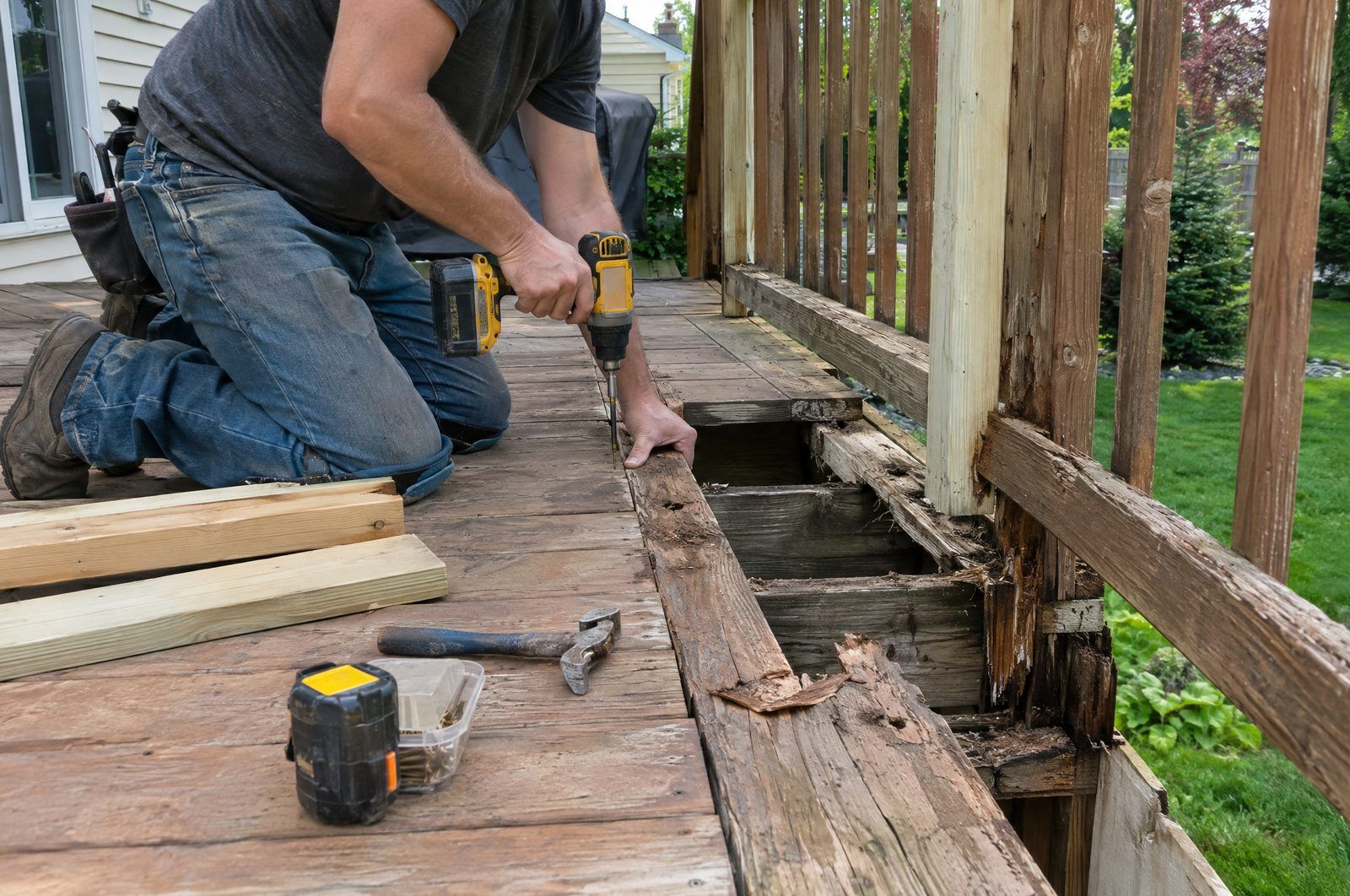 Contractor replacing rotted deck boards on a backyard deck