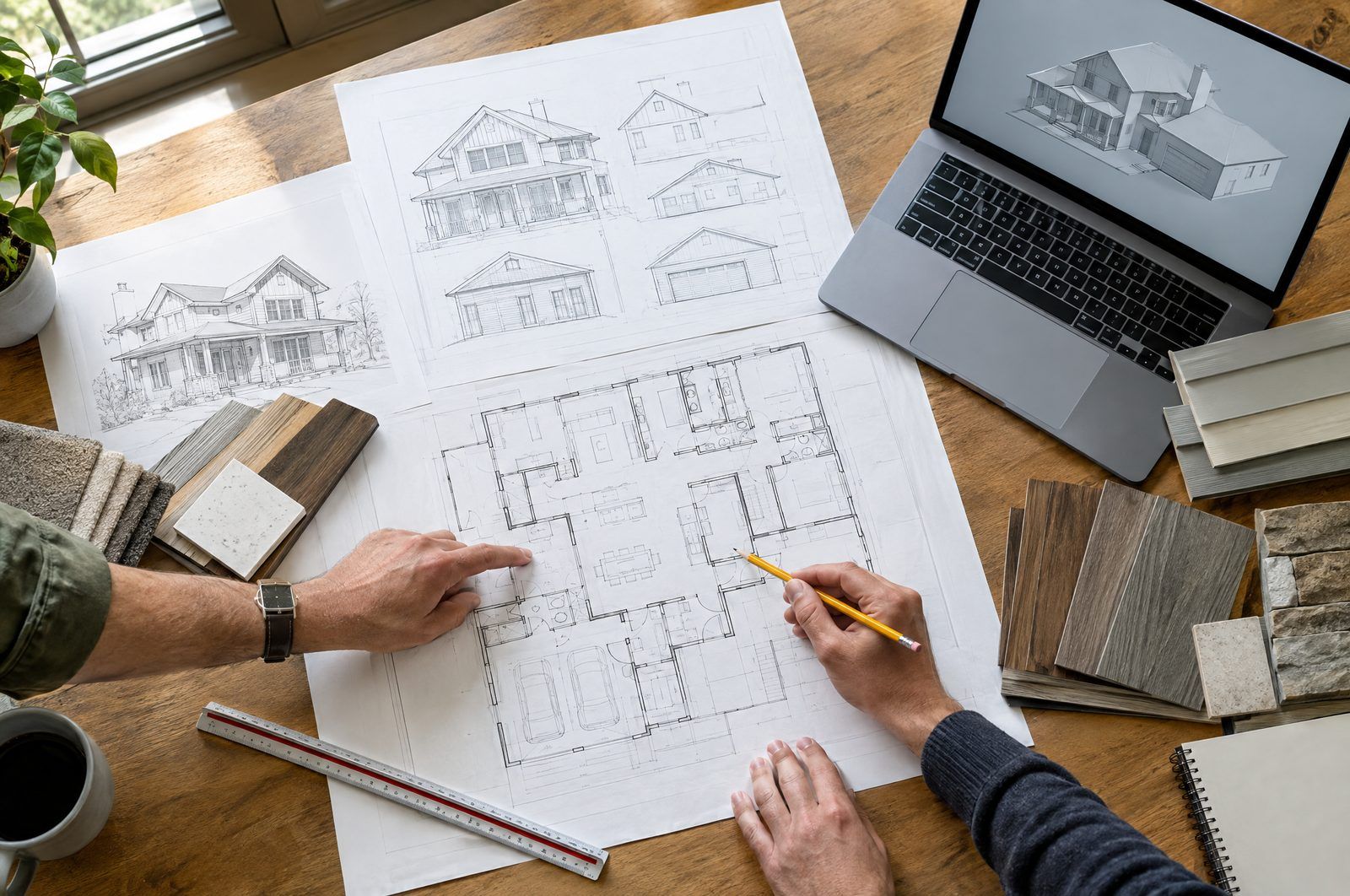 Floor plans, elevation drawings and material samples on a planning table