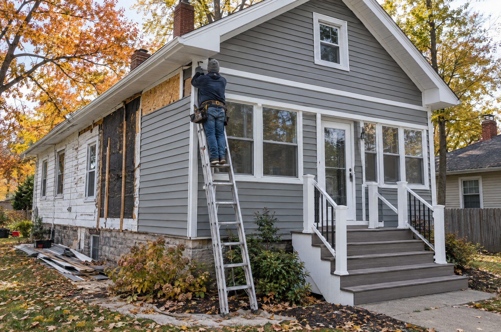 Installer on a ladder putting new gray siding on a bungalow