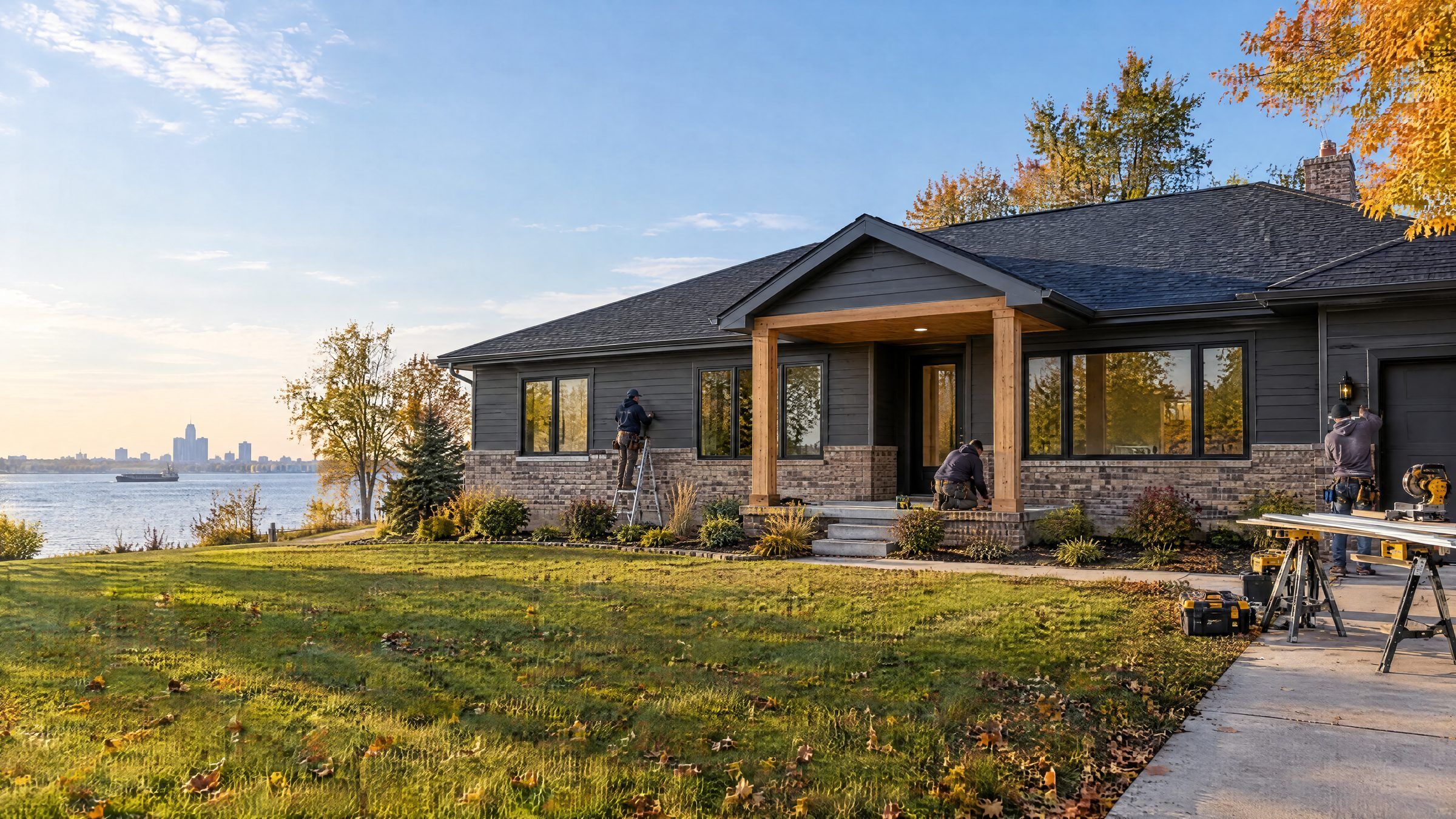 Renovated ranch home with new siding, roof and front porch as a crew finishes exterior work