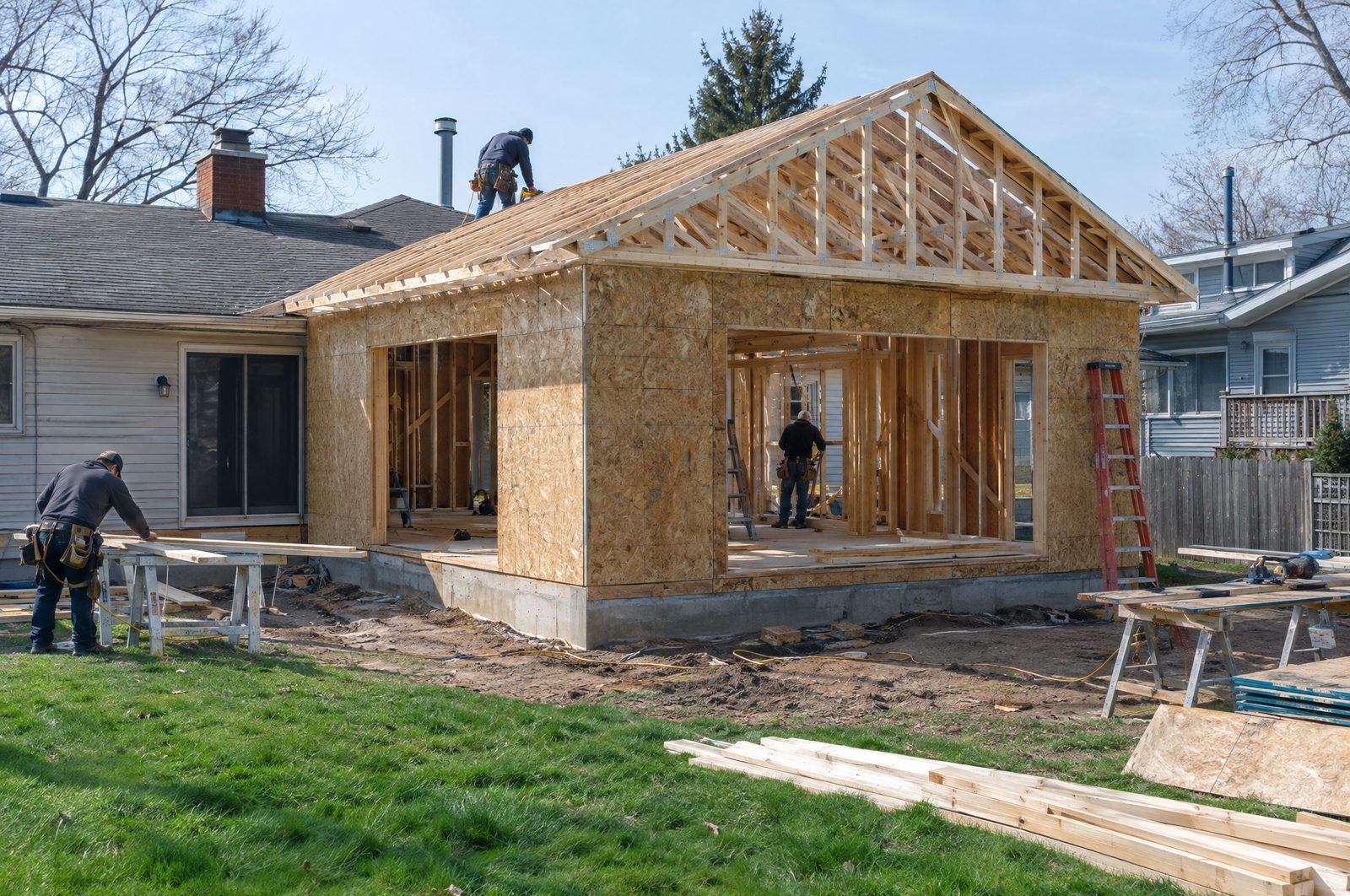 New home addition being framed onto the back of a ranch house