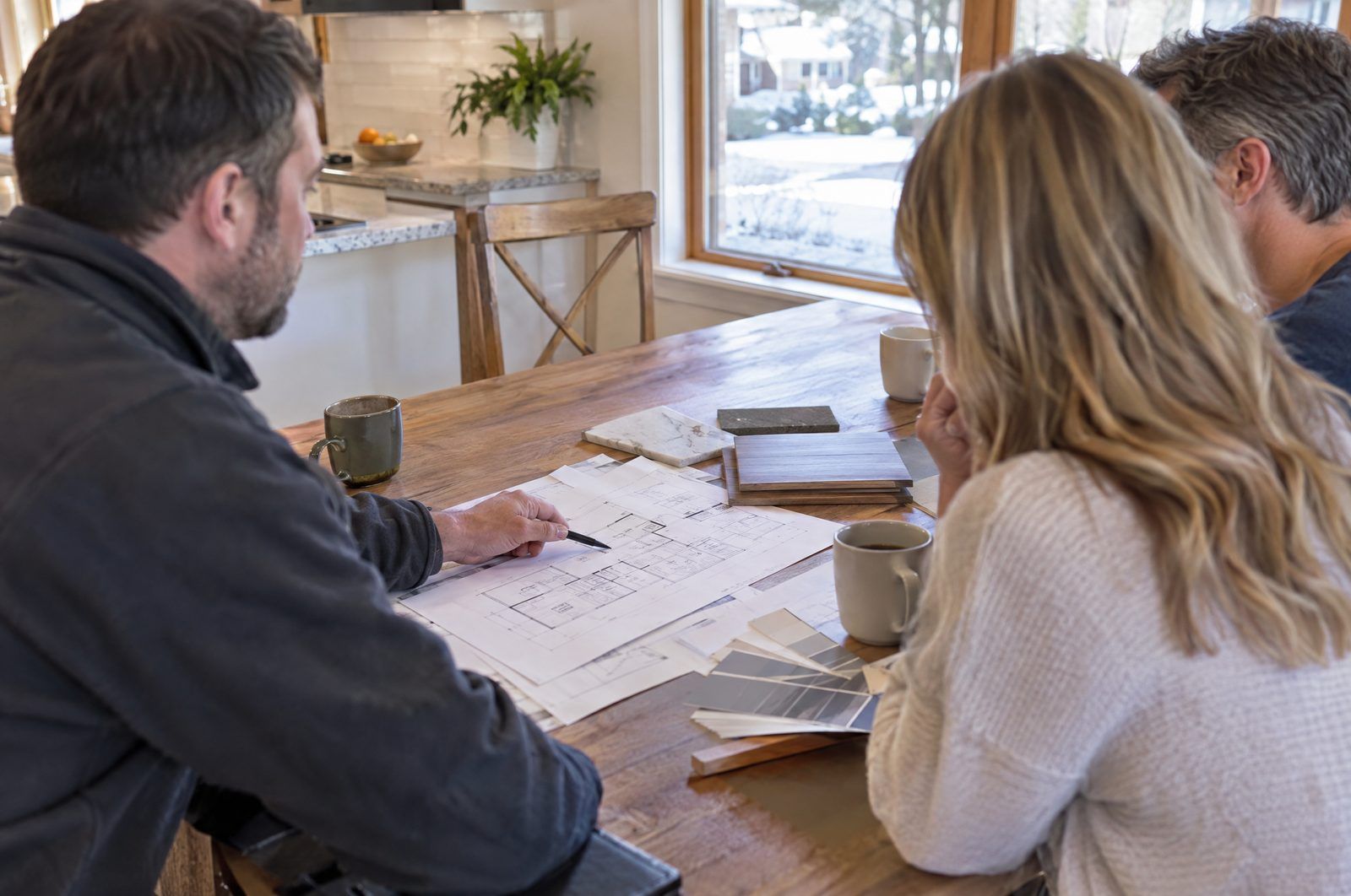 Contractor reviewing plans and material samples with homeowners at their kitchen table