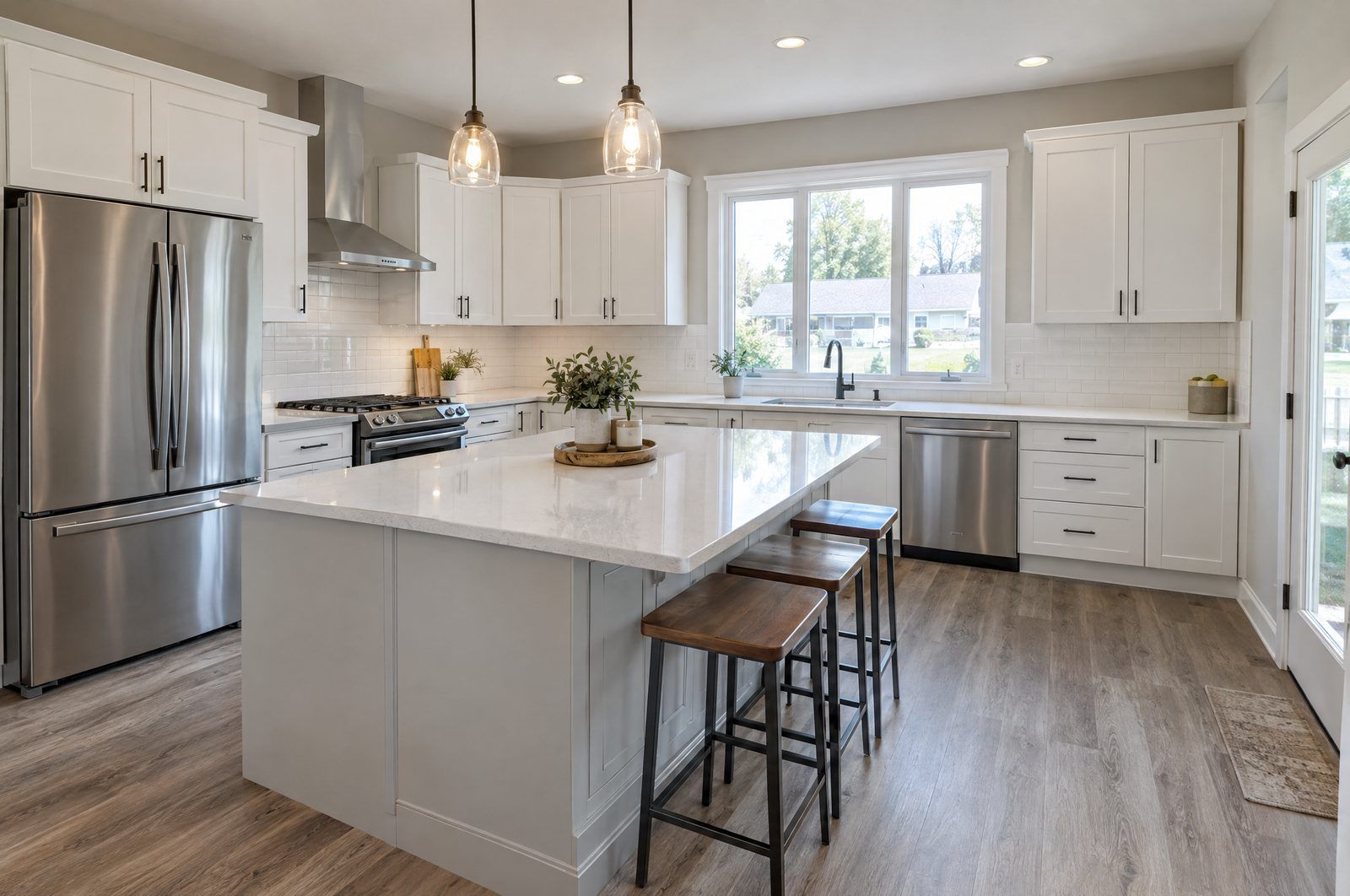 Bright renovated kitchen with white shaker cabinets, quartz island and new flooring