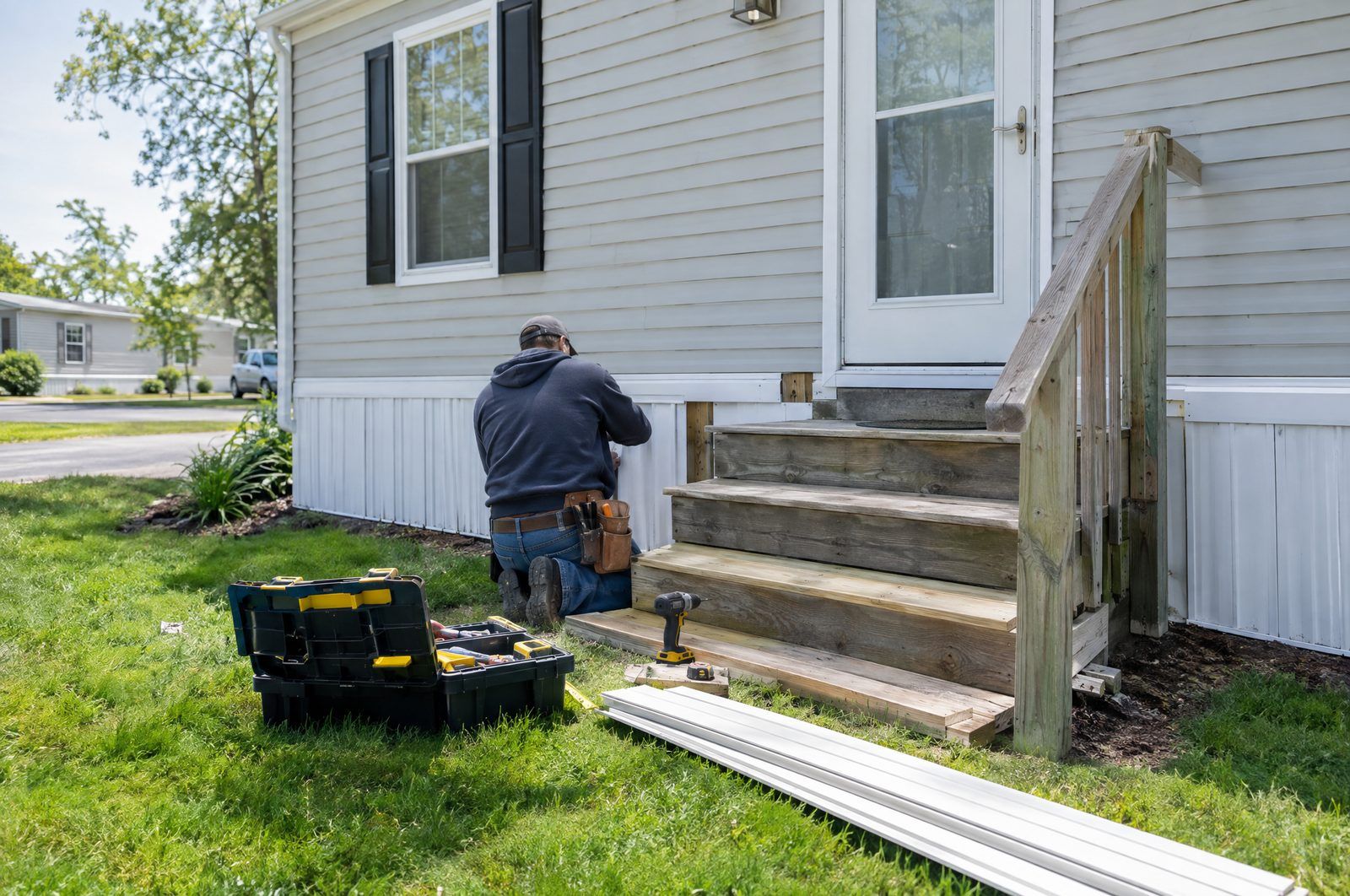 Technician repairing the front steps and skirting of a manufactured home