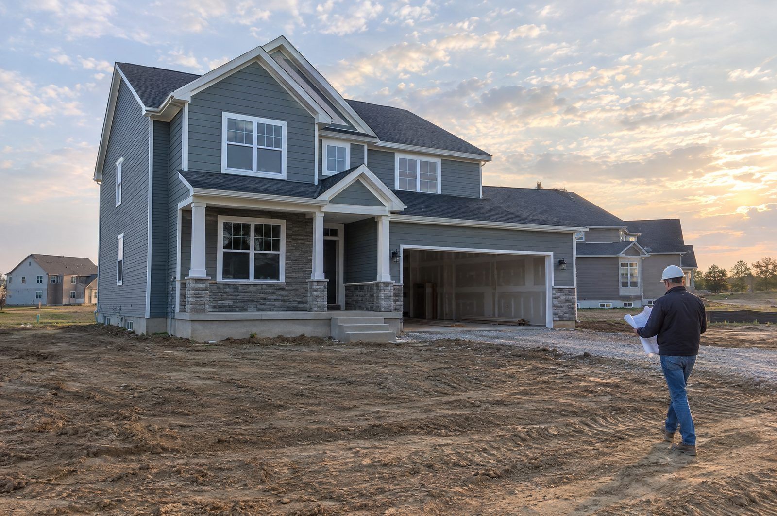 Newly built two-story home in a Michigan subdivision with a builder walking the site